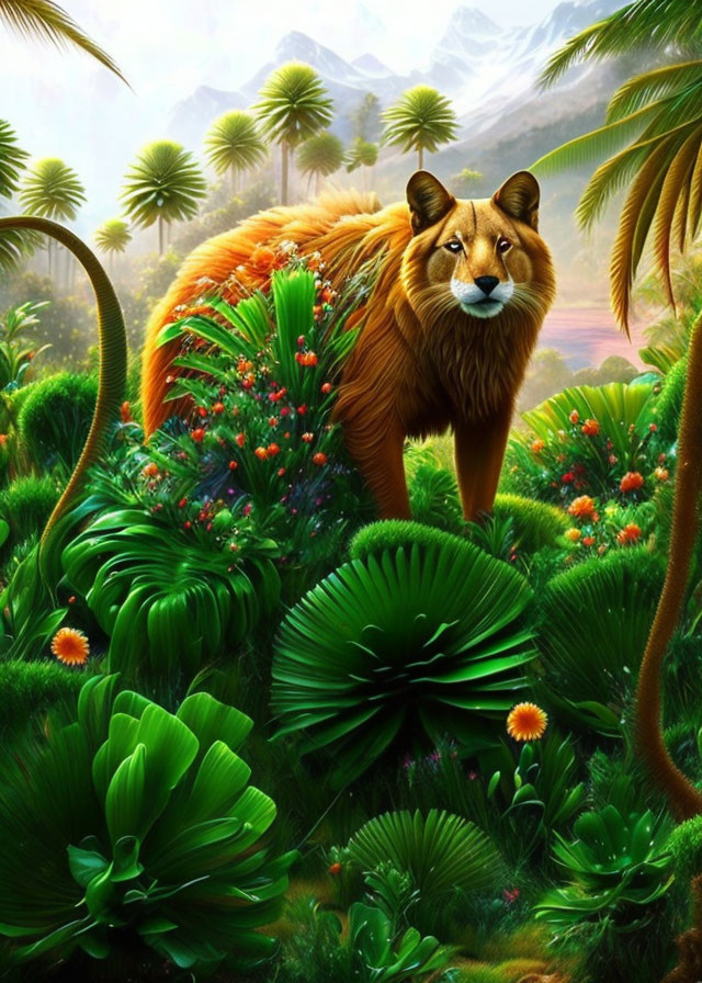 Colorful jungle scene with large fox-like creature in orange coat