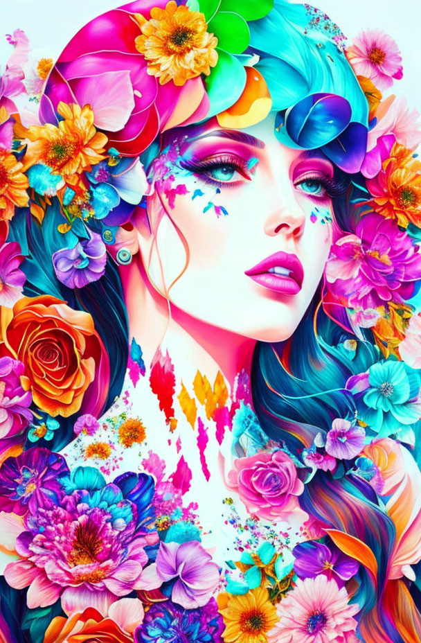 Colorful Flower Hair Woman Artwork with Visor and Floral Decorations