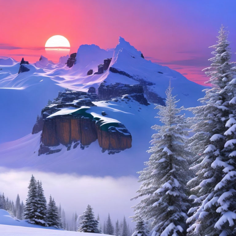 Snowy Sunset Landscape: Snow-Covered Trees & Majestic Mountains