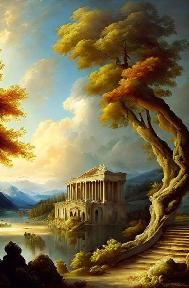 Tranquil landscape with classical building, lake, mountains, and twisted tree