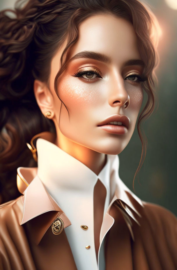 Glowing skin woman with wavy hair in white blouse and brown blazer