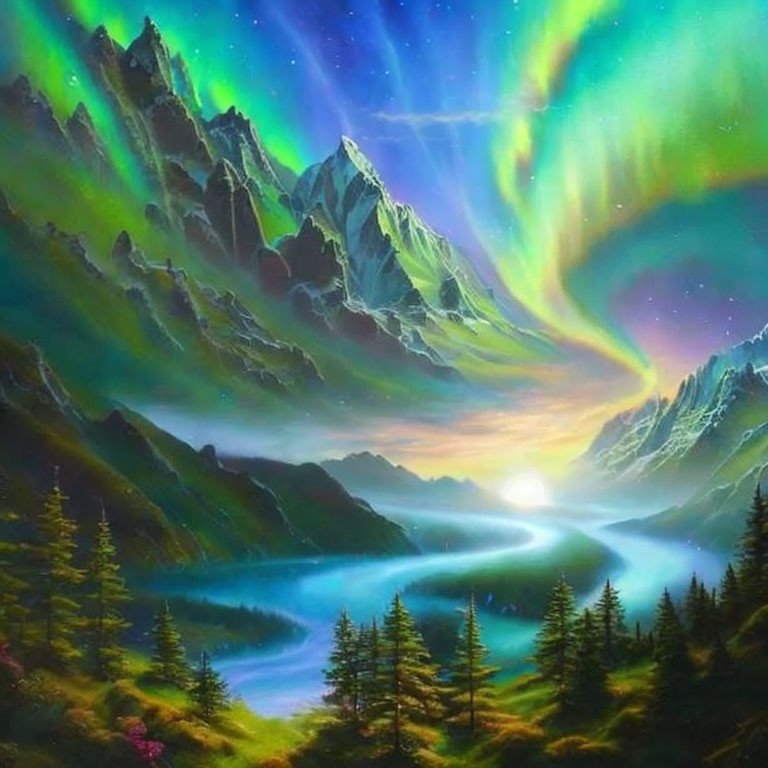 Ethereal landscape with vibrant aurora lights, mountain peaks, winding river, and sunset/sun