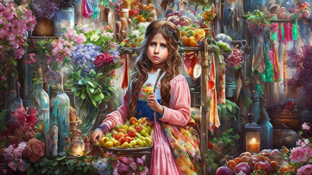 Colorful Robed Girl Surrounded by Fruits and Flowers