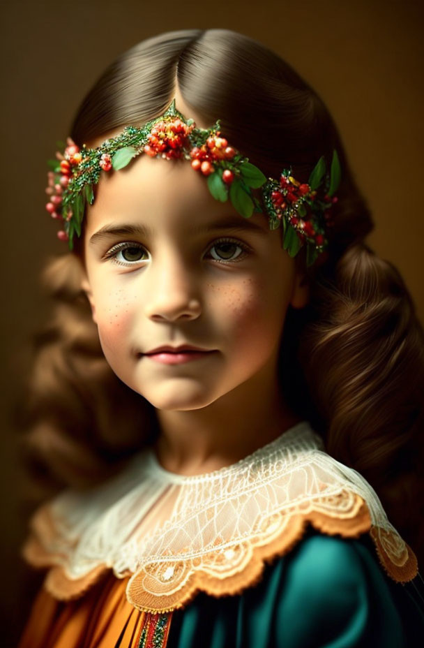 Young girl with floral headband and freckles in green and orange dress.