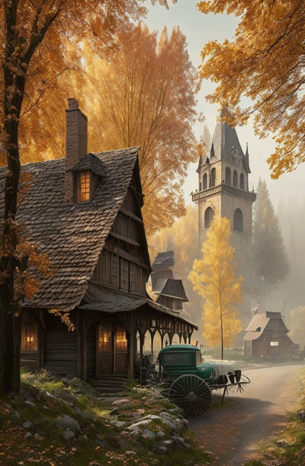 Wooden house and vintage car in autumn scenery.