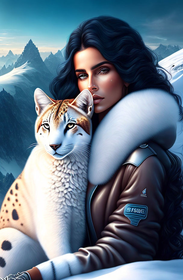 Dark-haired woman in fur coat embraces majestic feline in snowy mountain scene