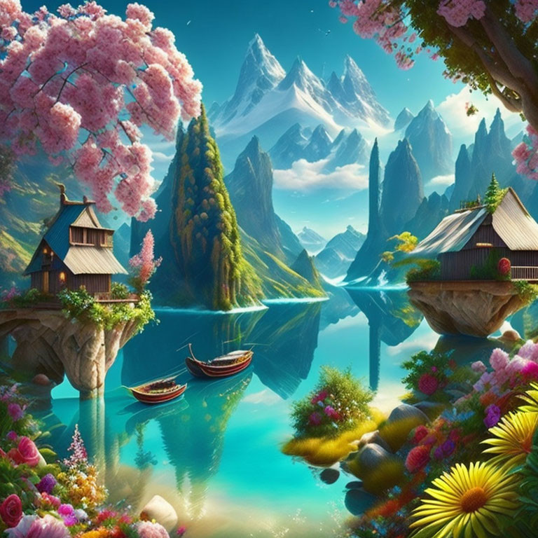 Tranquil fantasy landscape with lush greenery, cherry blossoms, traditional houses, and mountains reflected