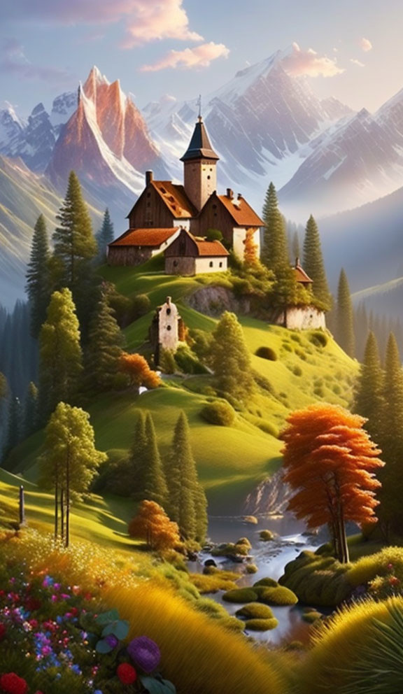 Scenic landscape: hilltop castle, lush trees, river, mountains