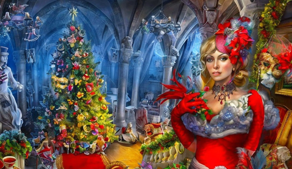 Festive Woman by Christmas Tree in Ornate Room