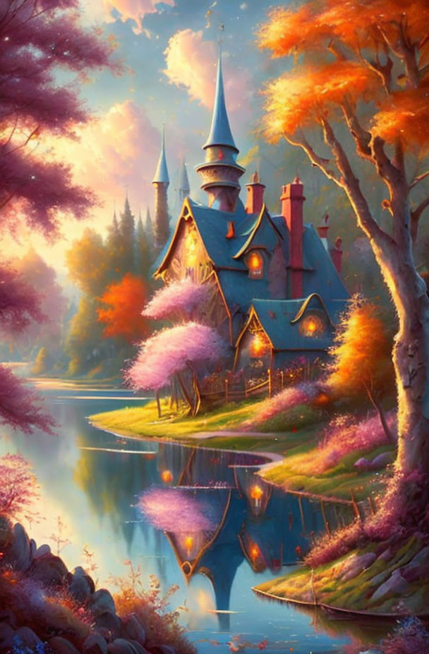 Fantasy castle in autumn landscape with lake reflections