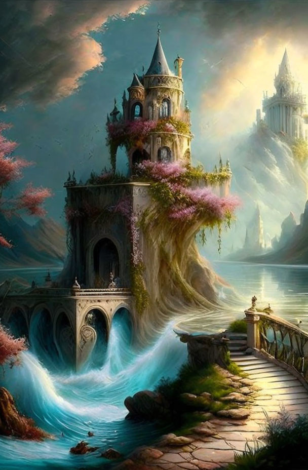 Mystical castle on rocky pinnacle with waterfalls, lush greenery, pink foliage, floating islands