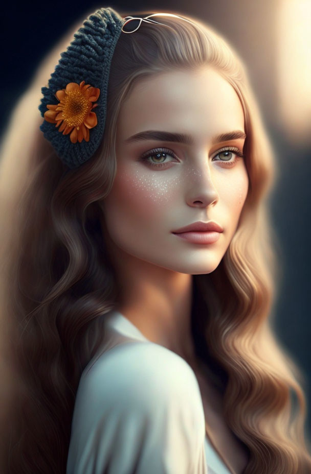 Digital portrait of woman with long wavy hair, grey beret, flower, makeup, and round