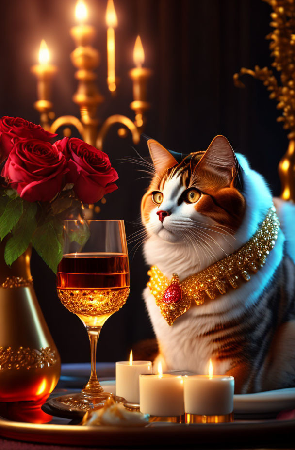 Regal cat with golden necklace beside wine glass, candles, and roses.