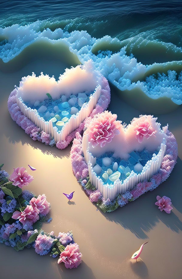 Heart-shaped islands with pink flora amidst gentle waves and flowers.