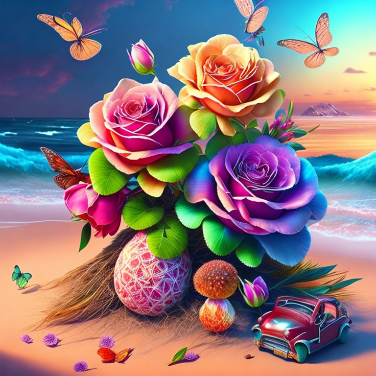 Vibrant Roses and Butterflies Beach Scene at Sunset