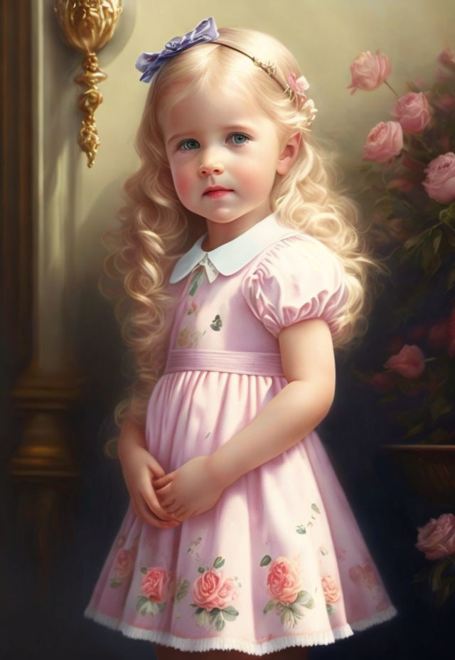 Blonde Girl in Pink Dress with Roses in Classical Painting Style