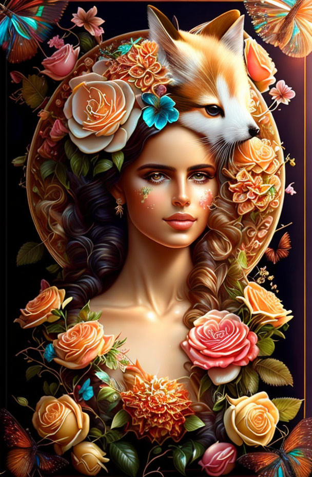 Woman with Fox on Head Surrounded by Flowers and Floral Background