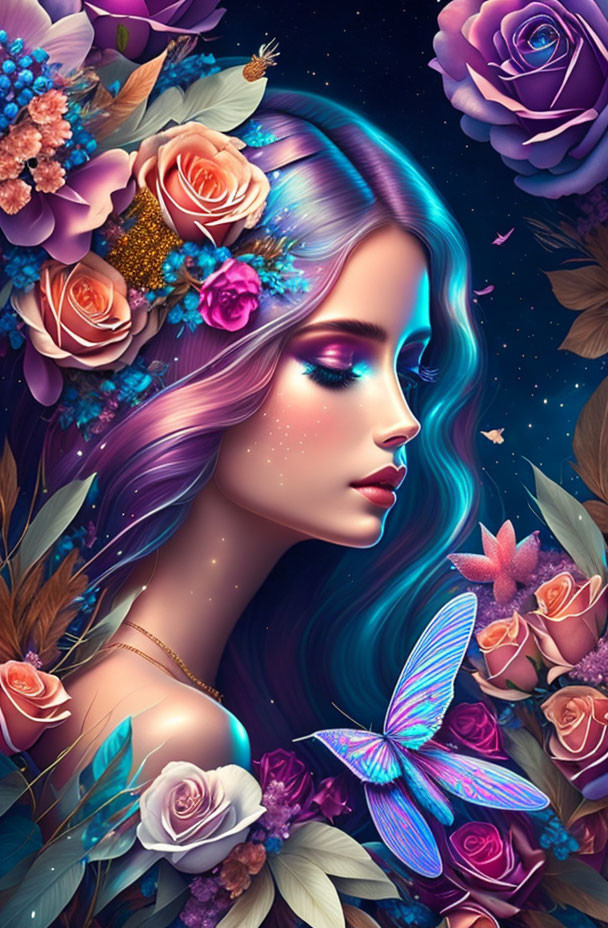 Vibrant digital artwork: Woman with blue hair, flowers, bird, butterfly, starry background