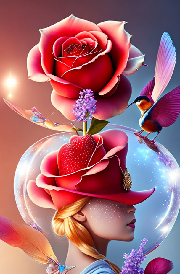 Surreal image of woman with oversized roses, bird, and butterflies on colorful backdrop