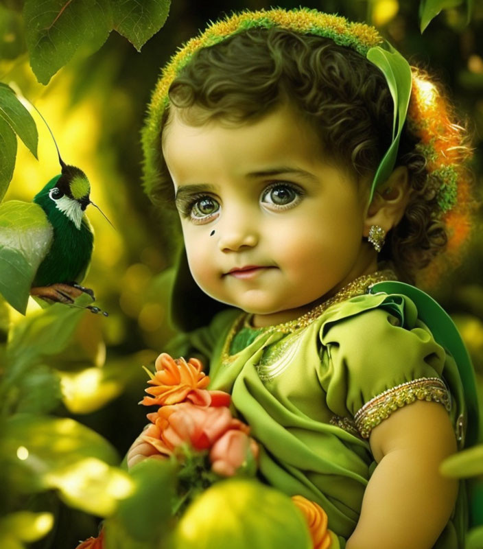 Child with curly hair in green outfit gazes at camera with small bird in lush garden.