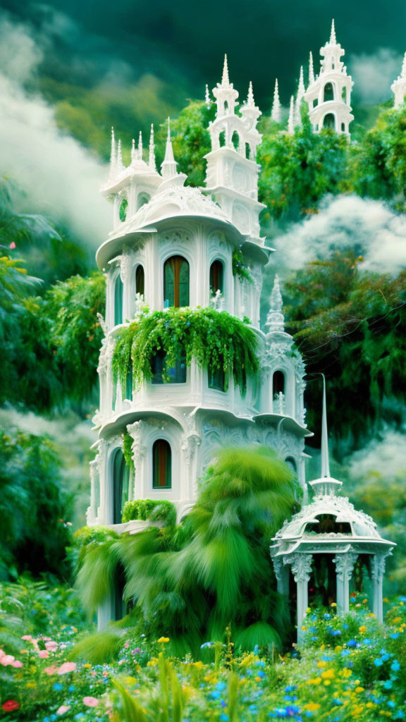 White Castle with Intricate Towers in Lush Greenery and Colorful Flowers