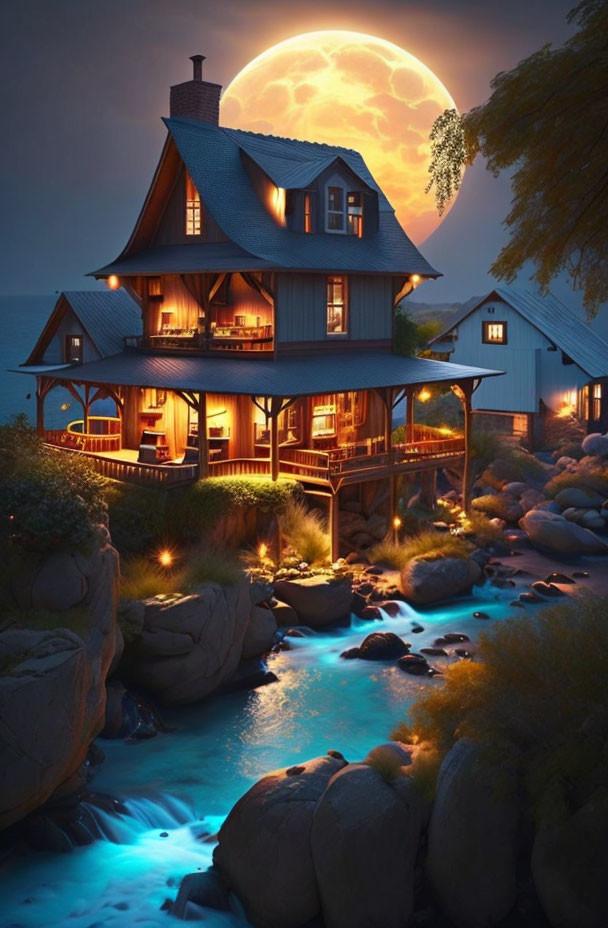 Cozy two-story house by stream under large moon: tranquil fairytale setting