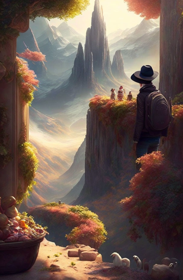 Person overlooking majestic mountains and autumn valley with fruits.