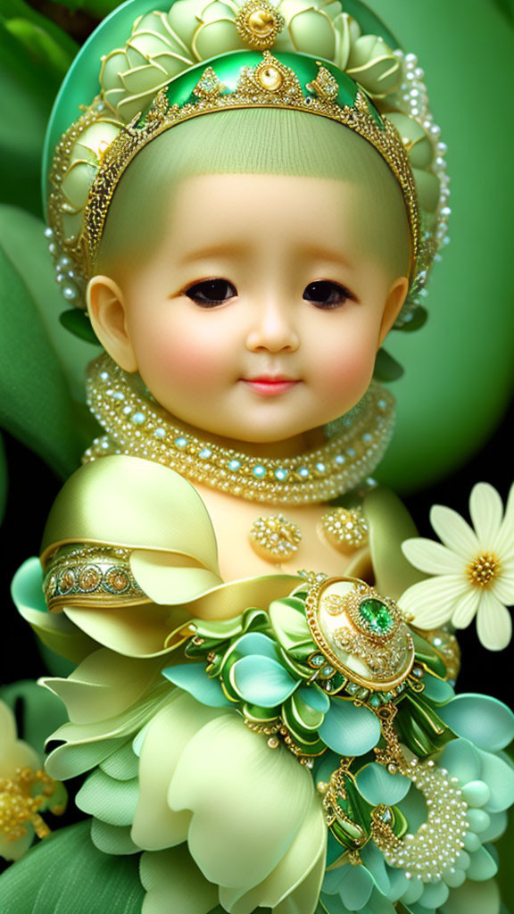 Stylized baby digital artwork with green and gold jewelry and white flowers