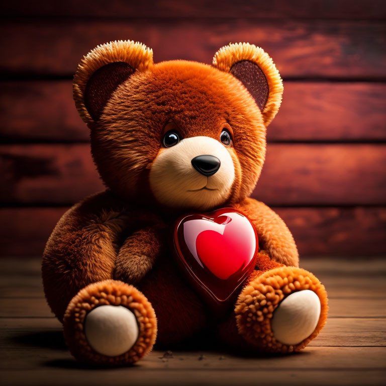 Plush teddy bear with shiny eyes and heart-shaped box on wooden backdrop