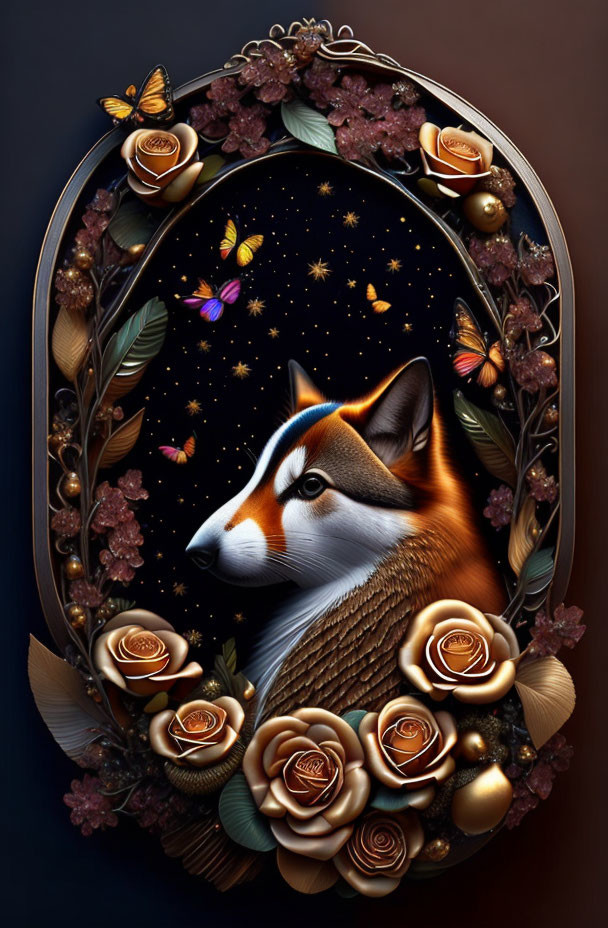 Intricate fox head surrounded by golden flowers in oval frame