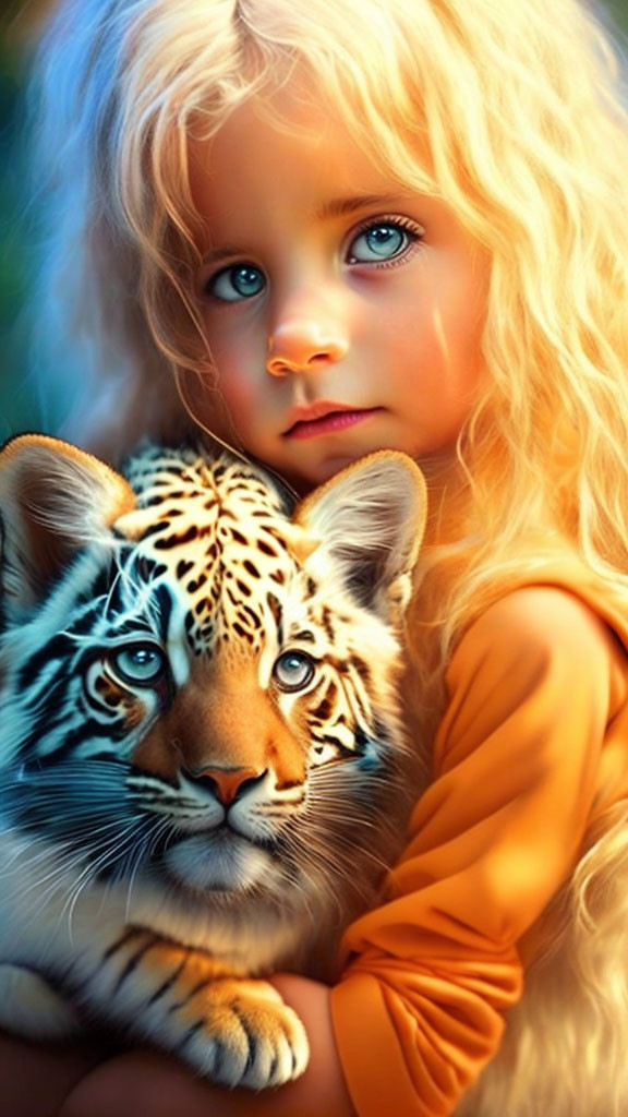 Blonde Curly-Haired Girl Embracing Tiger Cub