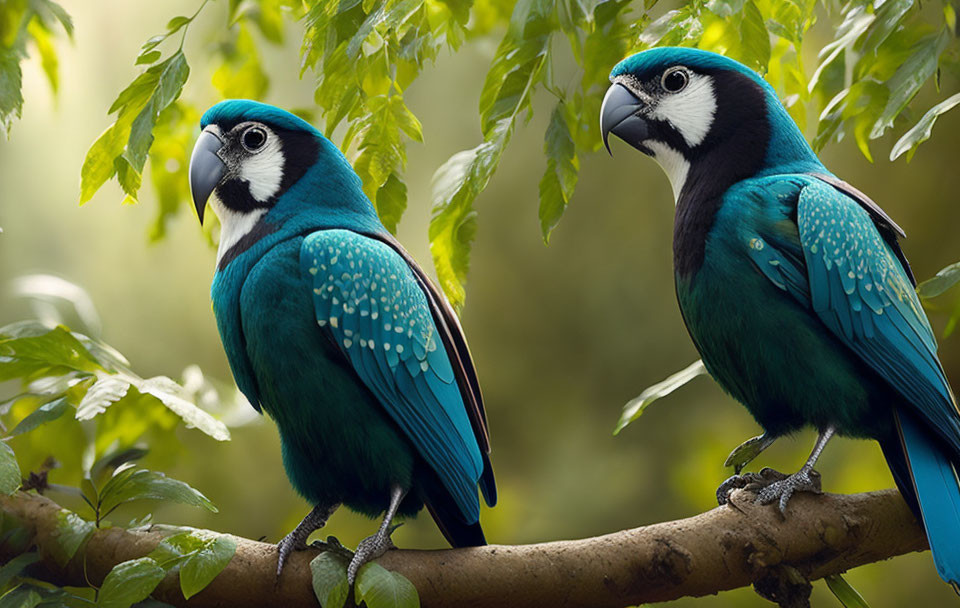 Vibrant blue parrots with black and white markings on branch in green foliage