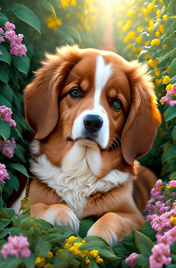 Reddish-Brown and White Dog Surrounded by Vibrant Flowers