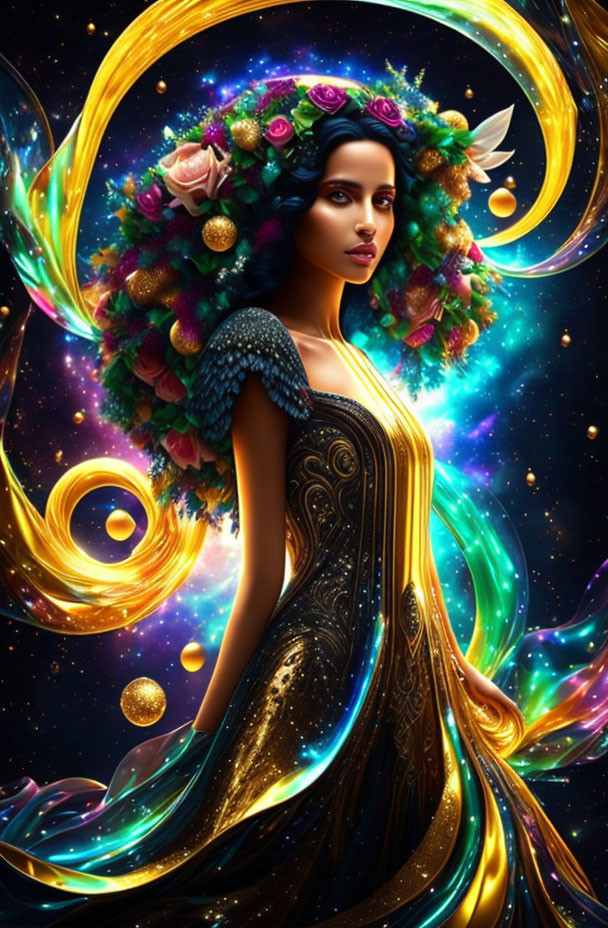 Woman with floral headdress and cosmic backdrop featuring swirling golden patterns and planets.