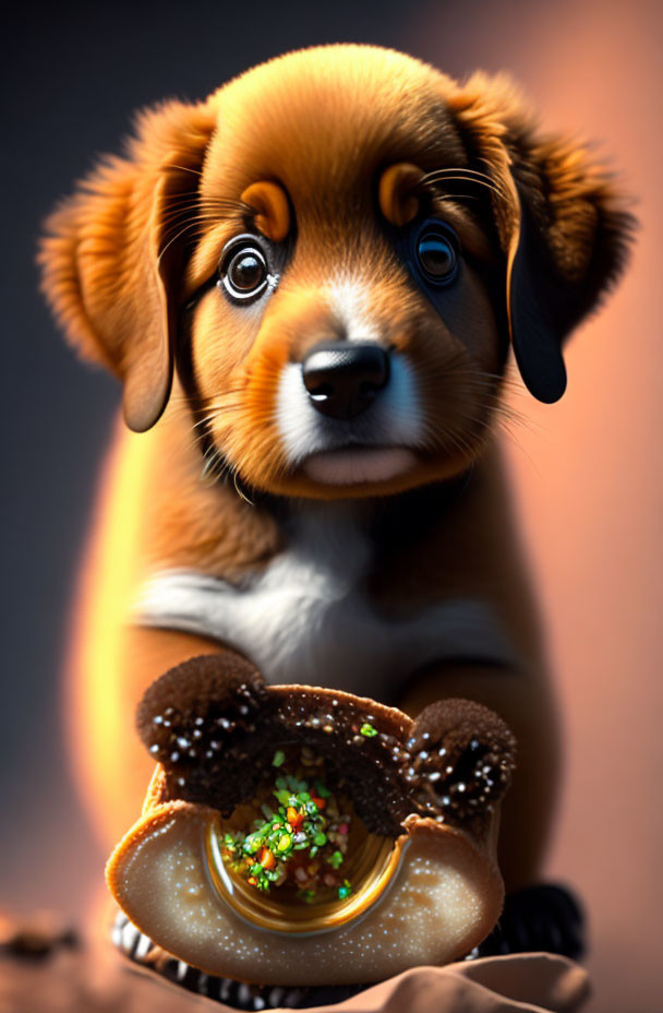 Brown and black puppy digital illustration with big eyes holding a cookie.