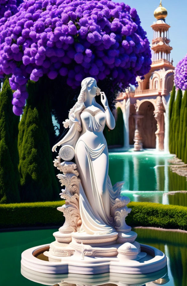 White Woman Statue in Lush Garden with Water Feature