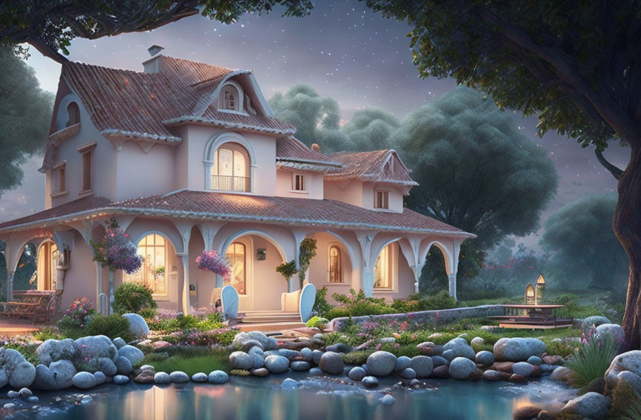 Two-story house with lit archways, lush greenery, pond, starry twilight sky