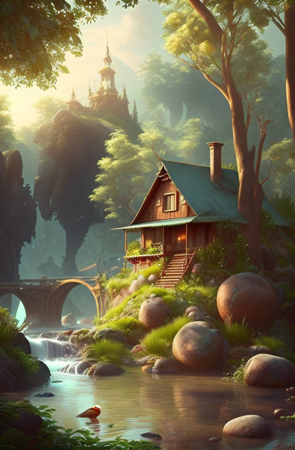 Cozy cabin by stream in serene forest with red bird and mystical mountain