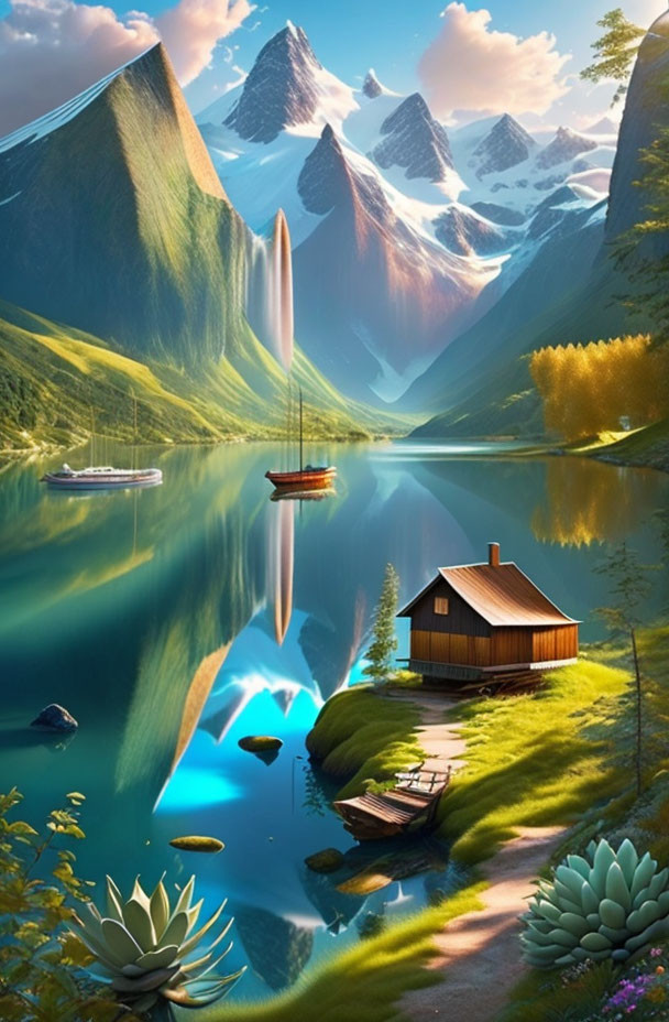 Tranquil lakescape with cabin, sailboats, waterfall, and mountains.