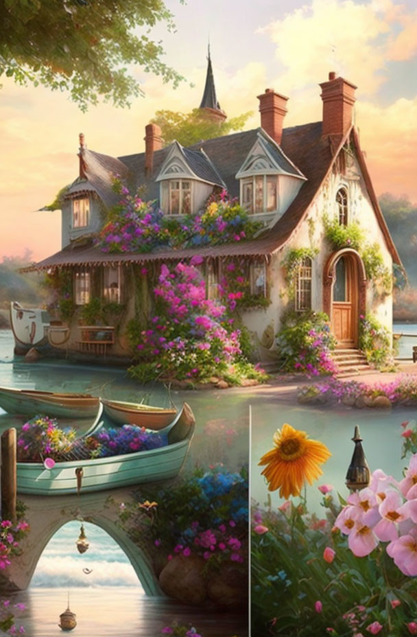 Riverside cottage with flowers, boat, and stone bridge