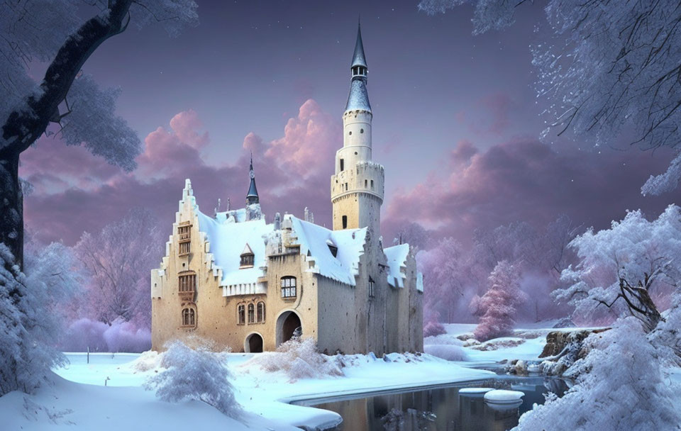 Snowy fairytale castle by frozen river in pink-hued winter landscape