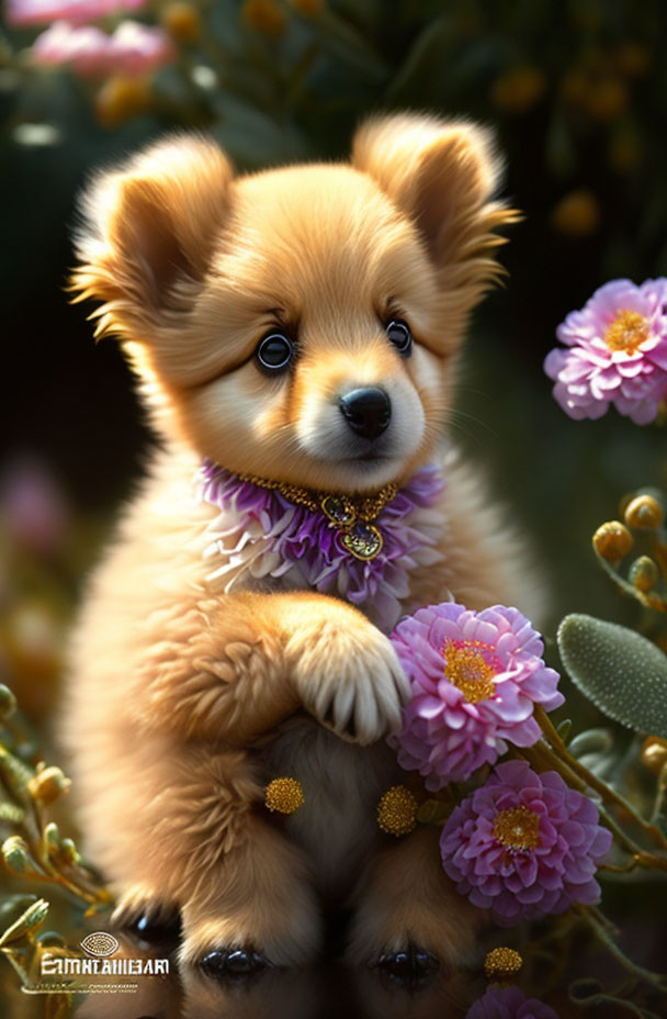 Fluffy Tan-and-White Puppy with Purple Floral Collar in Blooming Flower Garden