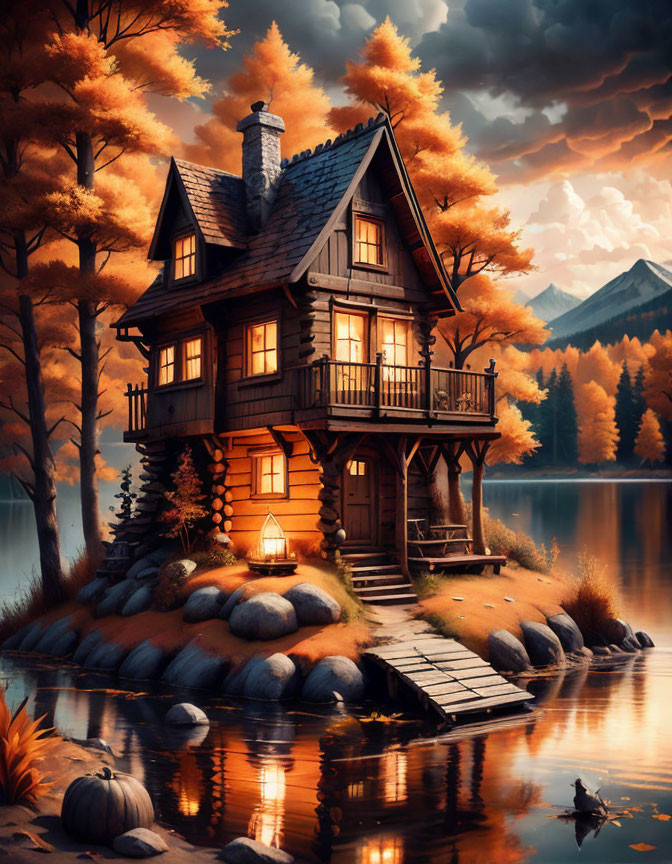 Cozy two-story cabin on island in autumnal forest with lake view