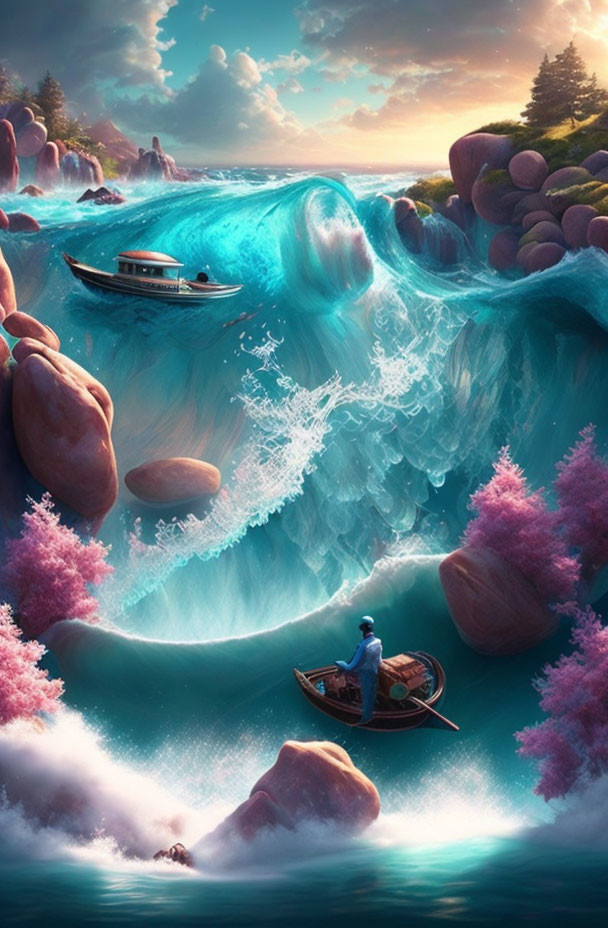 Man rowing boat in surreal river with towering waves and vibrant flora