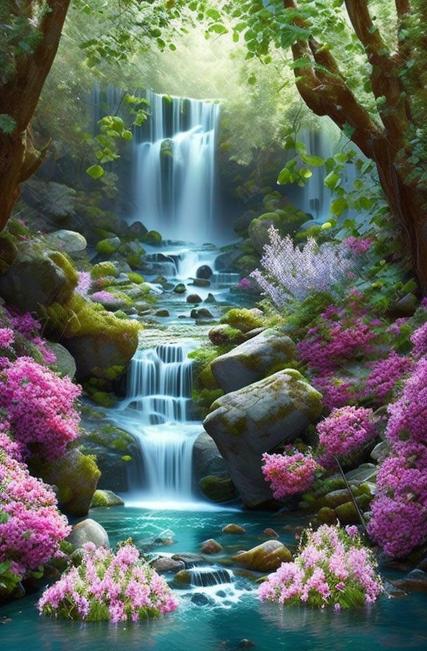 Tranquil waterfall with pink blossoms and lush greenery