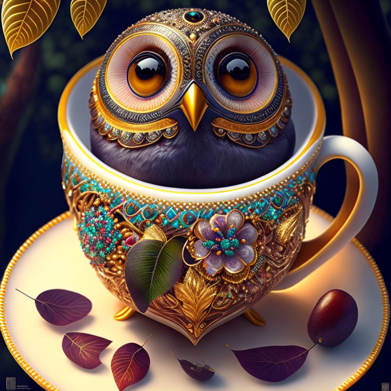 Intricate jewelry-like owl in teacup with leaves and seed