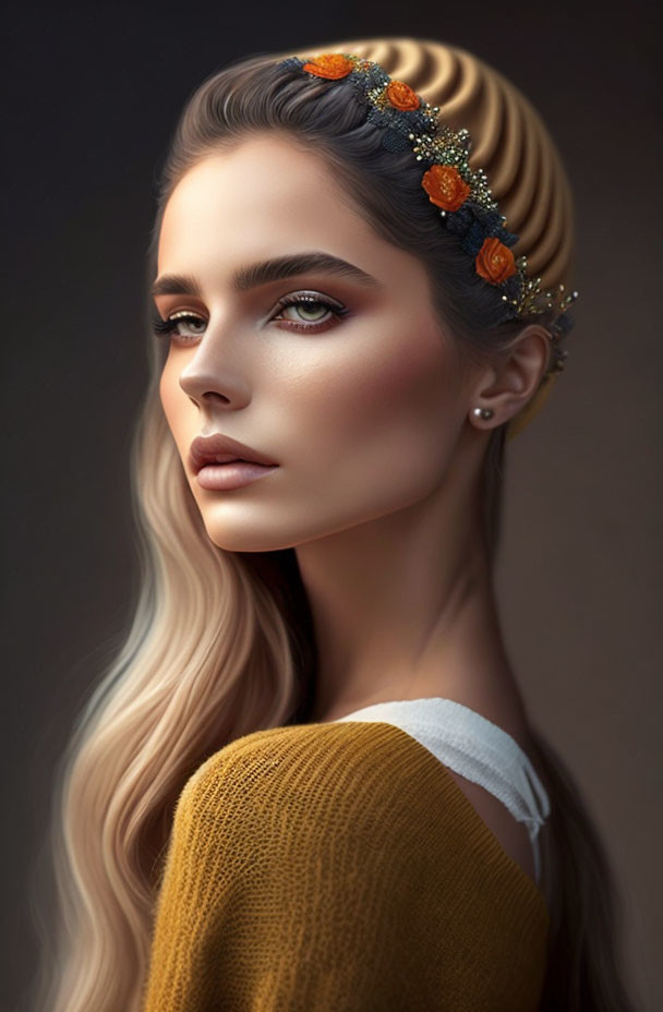 Woman with Ombré Hair and Flower Adornments in Mustard Sweater and White Collar