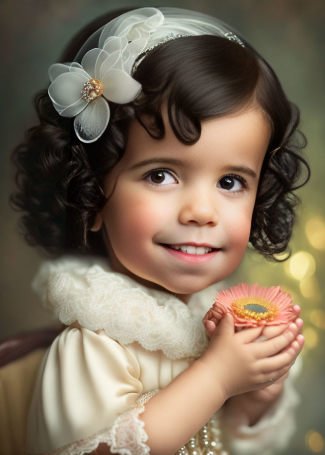 Young girl with curly hair in cream dress and floral hair accessory holding pink flower