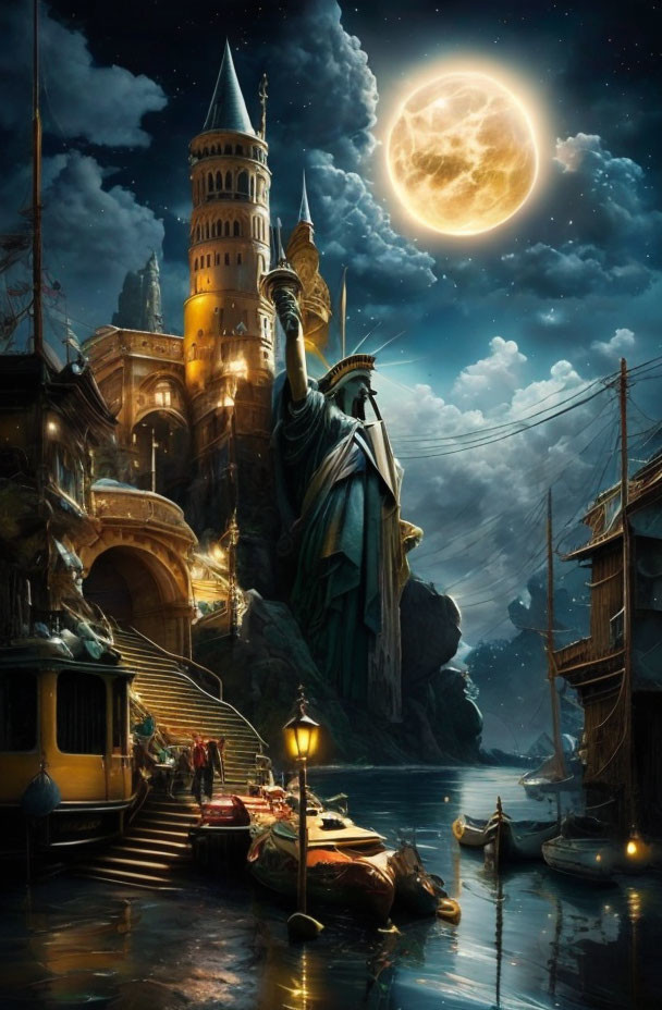 Iconic landmarks merge in fantastical night scene: Statue of Liberty and Venetian canal under full