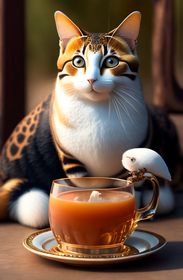 Cat and giraffe hybrid with crown next to bird-shaped coffee cup